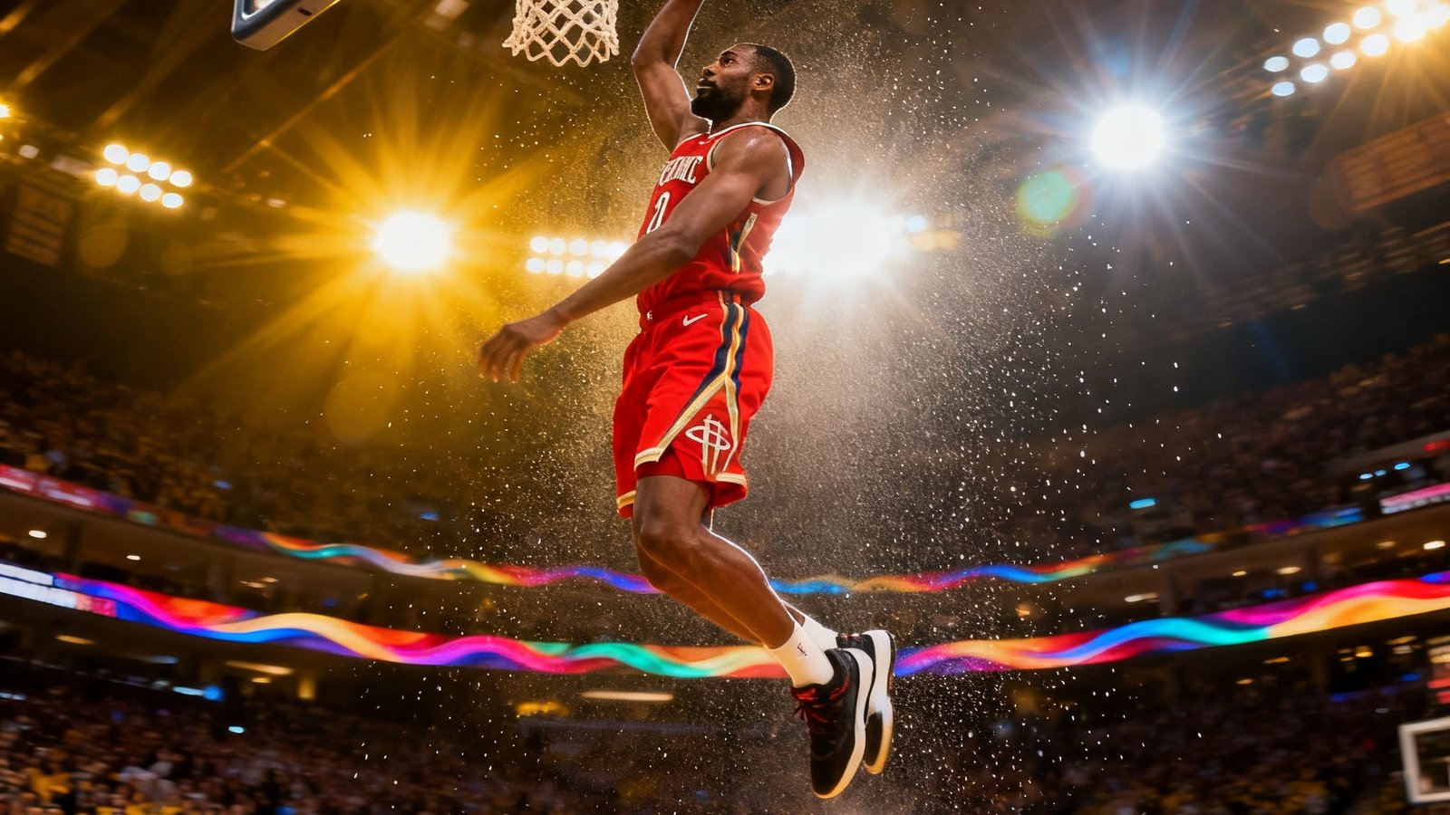 NBA赛场上，一名身穿红色球衣的球员腾空扣篮，背景是爆满的观众席和璀璨的聚光灯，空气中有细小的汗珠飞溅，画面定格在最震撼的瞬间。