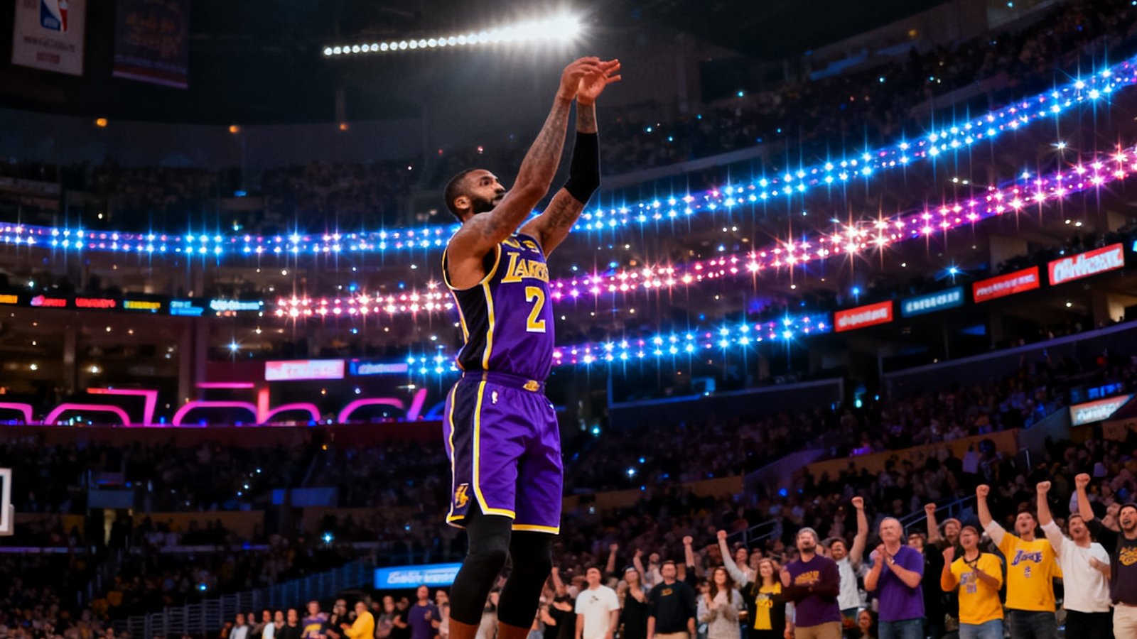 美国NBA球馆内，一名身穿紫色球衣的球星在三分线外跳投，篮球在空中划出弧线，背景是闪烁的LED广告牌和激动站立的观众，灯光璀璨气氛热烈。