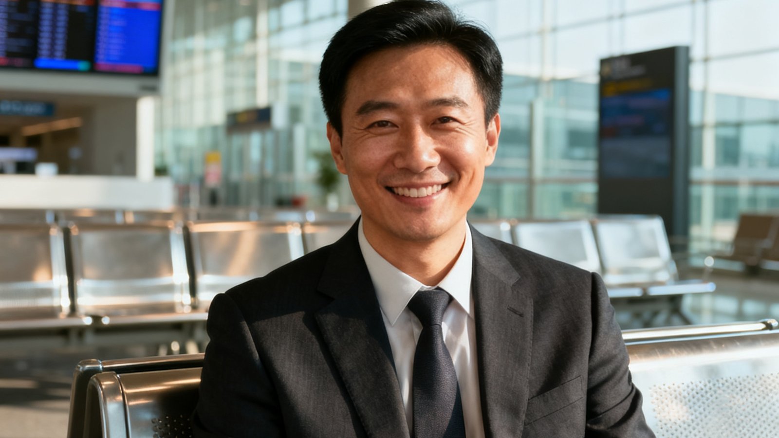 一位穿着深色西装、面带微笑的35岁左右中国商务男士的半身照，背景是现代化的机场候机大厅，他手持智能手机，神情放松自信。